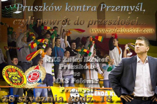 Plakat zapowiadający spotkanie I ligi koszykówki mężczyzn pomiędzy drużynami MKS Znicz Basket Pruszków i MKS Budimpex Polonia Przemyśl #ZniczBasket #Pruszków #koszykówka #ILiga #PZKosz #kosz #basket #Polonia #MKS #Przemyśl
