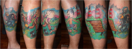 #tatuaż #noga #kolor #tattoo #krecik #kreskówki #cartoon #BolekILolek #reksio