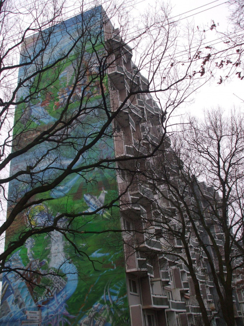 13.I.2009. Hamburg, dzielnica; Osdorfer Born, ulica; Immenbusch, Deutschland (Niemcy). Najwyzsze scienne "Graffiti" Swiata (43 m x 12 m., ujete w Ksiedze Rekordow GUINESS-a)