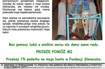 http://pomagamy.dbv.pl/ #Apel #ChoreDzieci #Słoneczko #CzterokonczynowePorażenieMózgowe #darowizna #Fiedziuszko #fundacja #OpiekaRehabilitacyjna #PomocCharytatywna #PomocDzieciom #PomocnaDłoń #rehabilitacja #schorzenie #sponsor #sponsoring #SOS